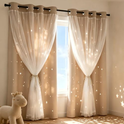Beige Kids Star Cutout Curtains for Bedroom 70" W x 84" L 2 Panels - color: Beige, size: 70"W x 84"L (Pack of 2)