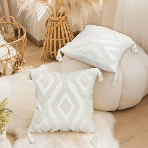 Boho Tufted Throw Pillow Covers 18x18 Inch with Tassels, White - color: Ivory Geo Tufted