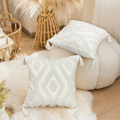 Boho Tufted Throw Pillow Covers 18x18 Inch with Tassels, White - color: Ivory Geo Tufted