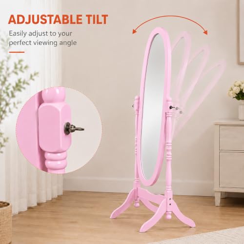 Cheval Mirror Full Length Floor Mirror with Stand, Adjustable Oval Wood Standing Mirror, Freestanding Dressing Mirror for Bedroom, Living Room and Dressing Area (Pink) - color: Pink