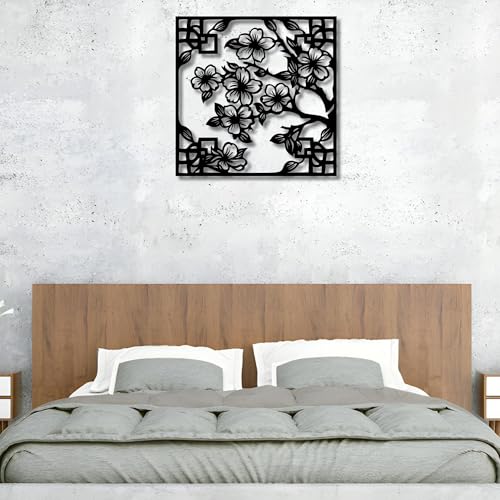Metal Wall Decor | 17' x 17' x 0.05'' Cherry Blossom Asian Style Art Themed Wall Decorations | Handmade Indoor and Outdoor Wall Art (17'' x 17'', Cherry Blossom Asian Style, Black) - size: 17'' x 17'', style: Cherry Blossom Asian Style