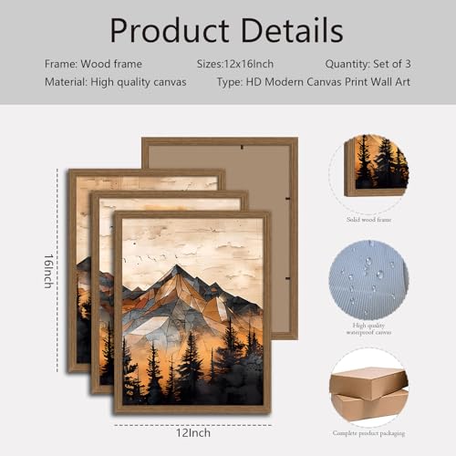 Geometric Mountain Wall Art Set of 3, Abstract Sunset Canvas Prints - color: GeometricMountain, size: 12x16 Inches