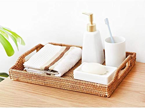 Hand-Woven Rattan Rectangular Serving Tray with Handles for Breakfast, Drinks, Snack for Coffee Table (14.5x10.2x1.4inches) - size: 14.5x10.2x1.4inches
