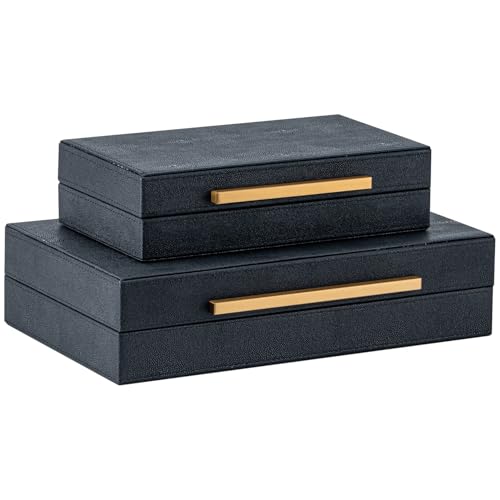 Set of 2 Black Shagreen Storage Boxes with Gold Metal Handles – Faux Leather Jewelry Organizer, Nesting Decorative Box for Photos, Memory Keepsake, Home & Office Decor - color: Black+Gold Handles