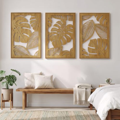 Large Framed Boho Cutout Carved Wood Wall Art for Living Room, 24x36 Inch - color: Natural Color