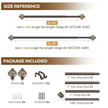 KAMANINA 1 Inch Curtain Rods 32 to 58 Inch, Bronze Adjustable Drapery Rods - color: Bronze, size: 32-58"