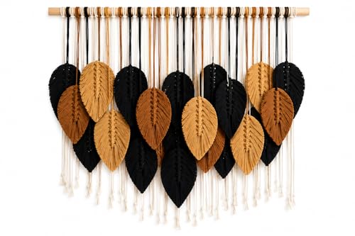 Macrame Wall Hanging Large, Boho Wall Decor, Leaf Macrame Wall Art, Woven Cotton Tapestry for Bedroom Living Room (Black and Gold) 39" x 31" - color: Black and Gold