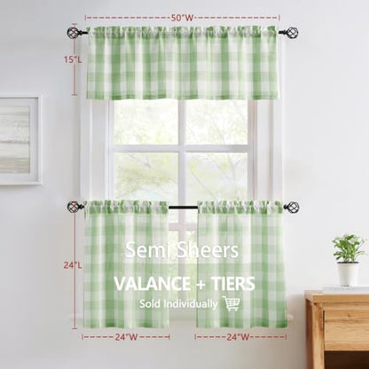 Plaid Kitchen Curtains 27x24 Green White Check Tiers for Kitchen Semi Sheer - color: Light Green and White, size: 24"W x 24"L (Pack of 2)