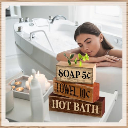 Moucuny 4 Pcs Rustic Bathroom Shelf Decor Wooden Block Signs, Farmhouse - style: Bathroom Price List