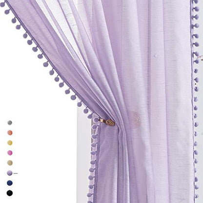 Pompom Sheer Curtains for Living Room 72" Lilac Girl Window Drapes Lavender - color: Lilac, size: 52"W x 72"L (Pack of 2)