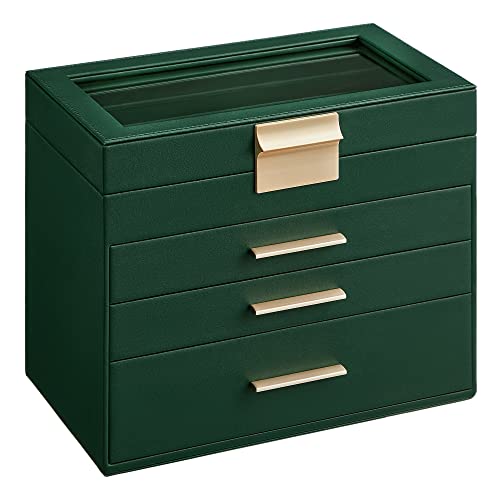 SONGMICS Jewelry Box Organizer, 4-Layer Storage with 3 Drawers, Glass Lid - color: Forest Green + Gold, size: 4 Layer (6"d X 9.9"w)