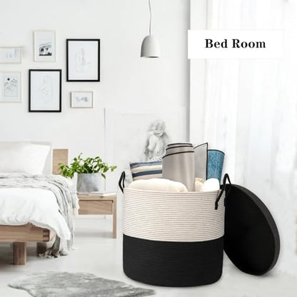 21" x 18"Extra Large storage baskets,Eco-friendly rope baskets with lid,blanket basket living room with lid,hampers for bedroom,big,round, Black 115L - color: White & Black