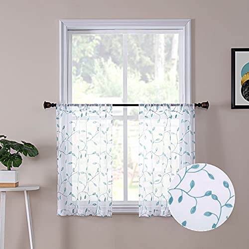 Tollpiz Leaves Sheer Tier Curtain Teal Blue Leaf Embroidery Kitchen Half Curtains Rod Pocket Voile Faux Linen Embroidered Leaves Curtain for Bathroom, 30 x 36 inches Long, Set of 2 Panels - color: Teal Blue, size: 30"W x 36"L (Pack of 2)