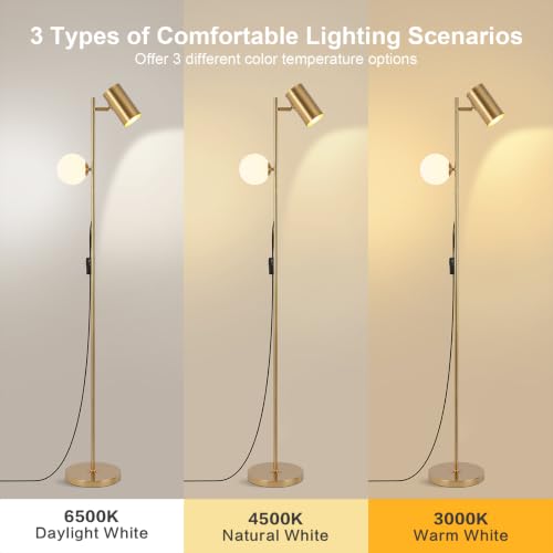 Gold Brass Brushed Floor Lamp, 3-Color Dimmable Bulb, 63" Tall - color: Gold