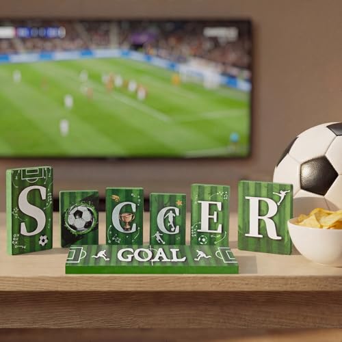 Smile Soccer GOAL Wooden Block Decor Set, 7-Piece Field Vertical Blocks Tiered Tray Tabletop Signs for Game Day & Sports Party Decorations - style: Soccer