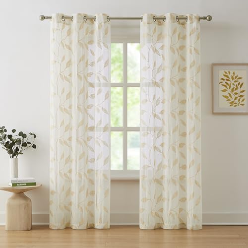 Bujasso Embroidered Leaf Sheer Curtains, Gold 38" Wx63 Lx2 - color: Gold, size: 38"W x 63"L (Pack of 2)