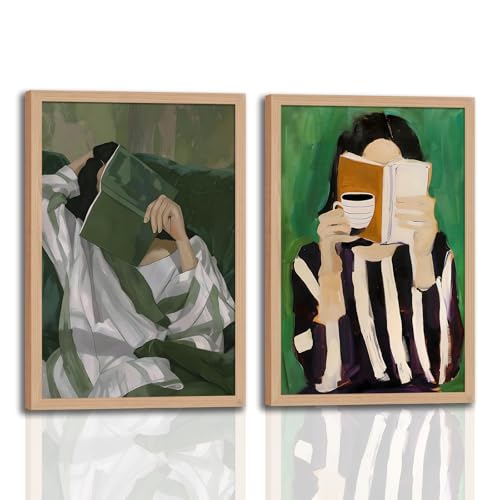 Framed Girl Reading Book Canvas Wall Art Set of 2 Reading Nook wall decor - color: AbstractFemaleBook, size: 12x16 Inch