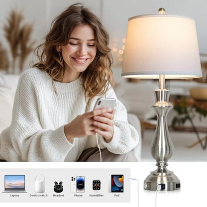 Cinkeda Silver Touch Lamps for Night Stand - 29.5" Tall Bedside Lamp with USB C+A, 3 Way Dimmable Bedroom Lamps, Brushed Nickel Table Lamps for Living Room,Single Silver - color: Silver-1P