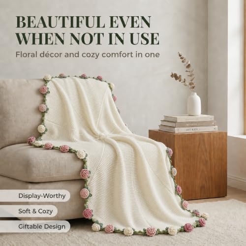 Rose Crochet Flower Bouquet Blanket, Handmade Knitted Throw Blanket - color: Tricolor Rose, size: Medium