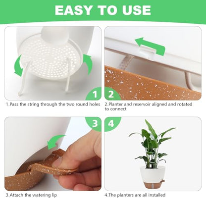 Self Watering Planter with Visual Water Level, 6Pack Small Plastic Pot Set with Drainage Holes and Reservoir Saucers, Modern 8+7+6.5+6+5.5+5 Inch Bottom Watering Flower Pots for Indoor Plant - White - color: White-small