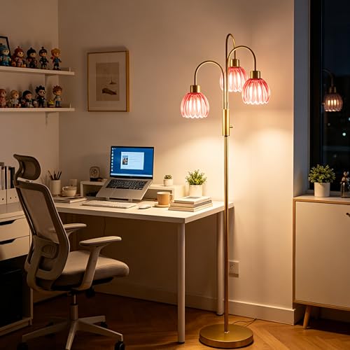 Red Lotus Glass Floor Lamp 3-Light 70" Gold Dimmable Tall Standing Lamp - color: Deep Red Lotus-Gold
