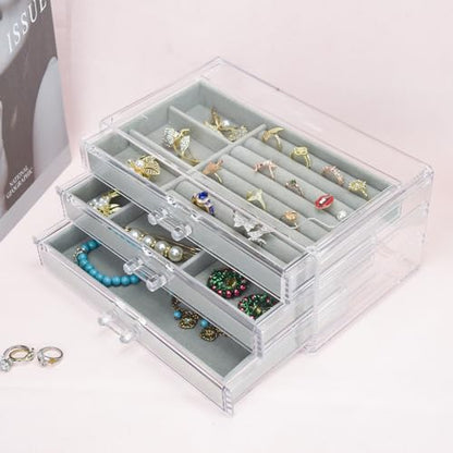 Weiai Acrylic Jewelry Box Organizer 3 Drawer Earring Storage Case Tray for Women - color: Gray