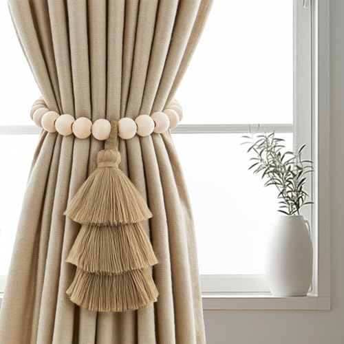 Magnetic Curtain Tiebacks with Wood Beads, Boho Rope Drapery Holdbacks with Triple Tassels, No Drill Curtain Holders for Farmhouse Bedroom, Living Room or Nursery, 2 Pack, Taupe - color: Taupe