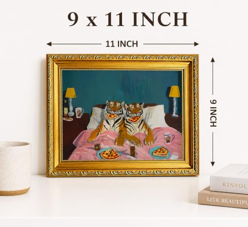 Vintage Gold Framed-Funny Tiger Wall Art Picture,Humorous Tigers Eating Pizza in Bed Wall Decor,Dopamine Animal Poster Print for Living Room Bedroom kitchen 11x9in - color: Tiger, size: 11"L x 9"W