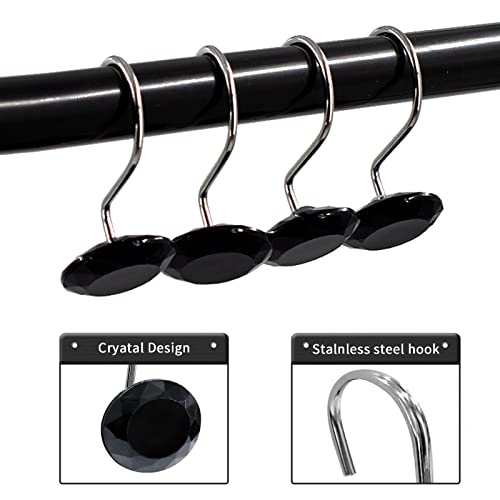 Crystal Diamond Round Shower Curtain Hooks Rings for Bathroom,Black,12PCS - color: Black