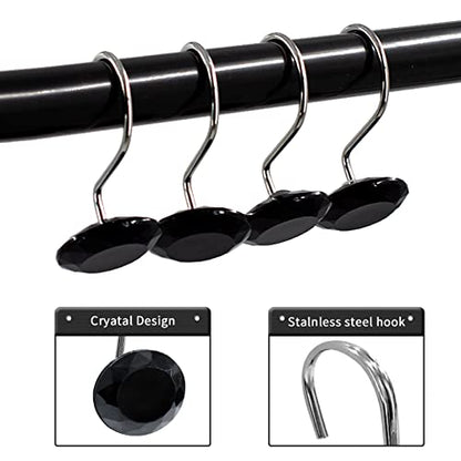 Crystal Diamond Round Shower Curtain Hooks Rings for Bathroom,Black,12PCS - color: Black