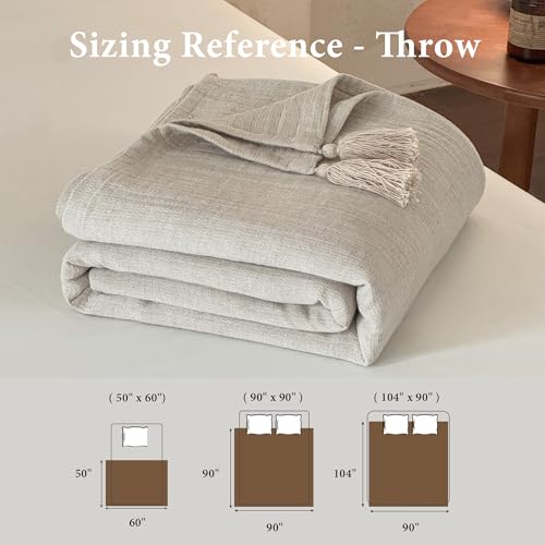 Simple&Opulence Linen Cotton Throw Blanket with Tassels, Double-Layer Flax Blend Blanket for Couch Sofa Bed, Soft Lightweight Breathable Boho Farmhouse Oversized Throw for All-Season (104"X90",Linen) - color: Linen, size: 104''x90''