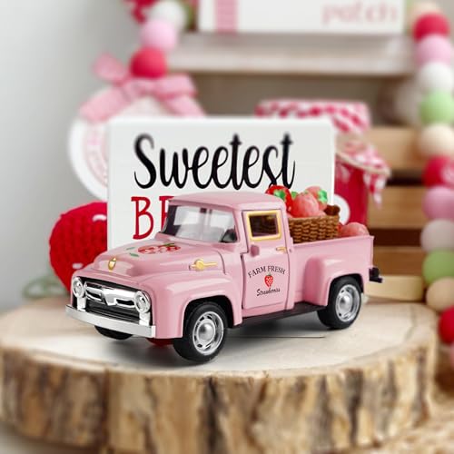 Strawberry Truck Decor, Pink Pickup Truck with Fake Strawberries, Rustic Farmhouse Tiered Tray Decor, Spring Country Kitchen Decorations for Home Office - color: Pink