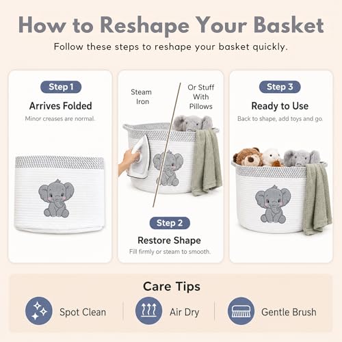 Elephant Baby Storage Basket, Woven Cotton Rope Nursery Bin, 15x11 in - color: Neutral Elephant