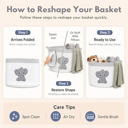 Elephant Baby Storage Basket, Woven Cotton Rope Nursery Bin, 15x11 in - color: Neutral Elephant