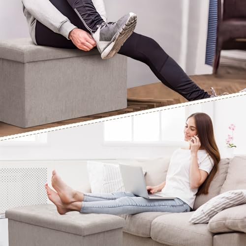 Athena Collection 30" Storage Ottoman Bench Folding Bench with 90L Hidden Storage, Large End of Bed Bench Linen Foot Rest Stool Chest with Flipping Lid for Living Room Bedroom Entryway, Sandy Beige - color: Sandy Beige, style: 30" Linen