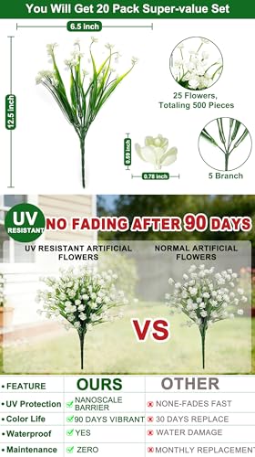 20 Bundles Artificial Flowers for Outdoors, Summer Spring Grass Camellia - color: White, size: 20 Bundles