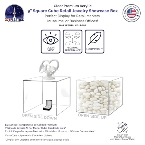 9 Inch Acrylic Display Riser Box with One Open Side No Lid Versatile Clear Square Lucite Retail Product Platform and Merchandise Storage Bin No Assembly by Marketing Holders