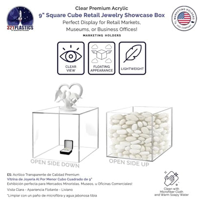 9 Inch Acrylic Display Riser Box with One Open Side No Lid Versatile Clear Square Lucite Retail Product Platform and Merchandise Storage Bin No Assembly by Marketing Holders