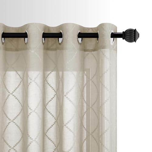 KOUFALL Faux Linen Textured Sheer Curtains 63 Inch Length for Living Room Bedroom Moroccan Check Brown Diamond Lattice Embroidered Grommet Voile Panel Drapes 2 Panels - color: Brown, size: 52"W x 63"L (Pack of 2)