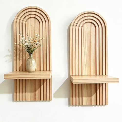 2PCS Boho Wood Wall Floating Shelves Set of 2, Mid Century Modern Natural Wood Wall Mounted Shelves, Decorative Wall Shelf for Living Room, Bedroom, Bathroom, Office, Plant Display & Home Decor - color: Yellow