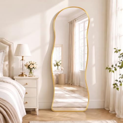 Irregular Wall Mirror Full Length with Stand, 63" x 24" Gold Asymmetrical Wavy Floor Mirror, Full Body Standing Mirror, Leaning or Wall Mounted for Bedroom, Living Room & Entryway - color: Gold - Pebble