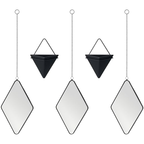 Demissle 5 Pcs Hanging Planter Wall Decor Includes Ceramic Geometric Succulent Planters and Modern Diamond Decorative Mirror with Chain Gold Frame for Living Room Home Indoor Wall Decoration(Black)
