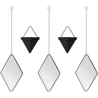 Demissle 5 Pcs Hanging Planter Wall Decor Includes Ceramic Geometric Succulent Planters and Modern Diamond Decorative Mirror with Chain Gold Frame for Living Room Home Indoor Wall Decoration(Black)