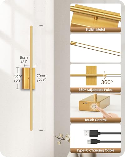 27.6" Wireless Battery Operated Wall Sconces Set of 2, Modern Rechargeable Lamp with Remote, 360° Rotation, 10000mAh, Touch Dimmable Lights for Bedroom, Living Room, Hallway, Gold D06YBP205 - color: Gold, size: 27.6 Inches