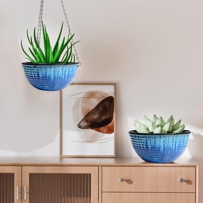 2 Pack 10 Inch Glazed Hanging Planters, Hanging Baskets with Drainage Hole - color: Blue Glaze, size: 10 inch