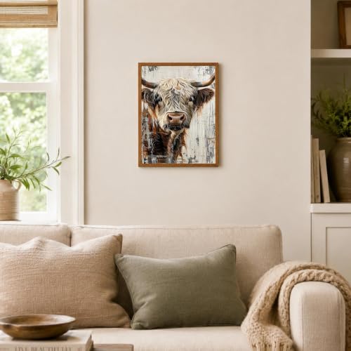 Rustic Highland Cow Framed Wall Art, Farmhouse Canvas Print, 12x16 Inch - color: Brown-Highland cow