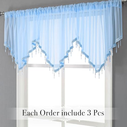 WUBODTI Blue Beaded Sheer Valance Curtains for Windows, Triangle Sheer Voile Kitchen Swag Curtain Valances Boho Bead Tassels Window Valances for Bedroom Living Room Bathroom,3PCs, Each W51 x L24 - color: Blue