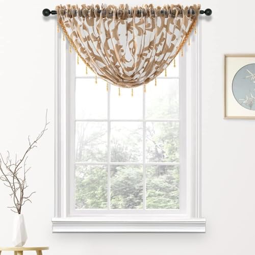 NAPEARL Swag Valance for Windows Tan Beige Organza Sheer Waterfall Curtain, Decorative Elegant Beaded Tassel Trim Rod Pocket Sheer Window Treatment for Bathroom, Kitchen, Small Windows - color: Beige, size: 40"W x 17"L (Pack of 1)
