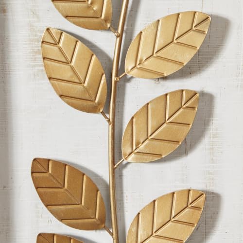 Deco 79 Metal Leaf Home Wall Decor Framed 3D Wall Sculpture with Distressed Wood Backing, Set of 3 Wall Art 12"W, 32"H, Gold - size: 12"L x 2"W