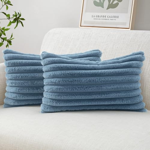 MIULEE Faux Fur Lumbar Throw Pillow Covers 12x20 Set of 2 Grey Blue - color: Blue Grey, size: 20" x 12" (Pack of 2)